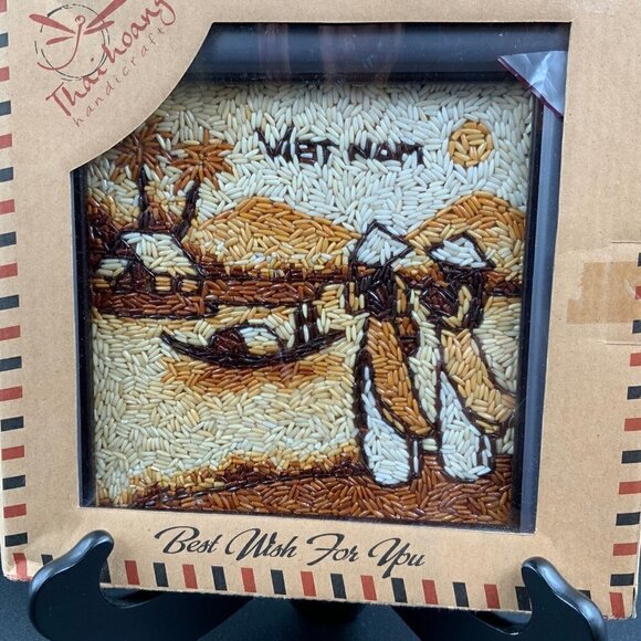 NEW IN BOX Vietnam Hand Crafted Framed Rice Art Wall Hanging 8" x 8" - Picture 2 of 8
